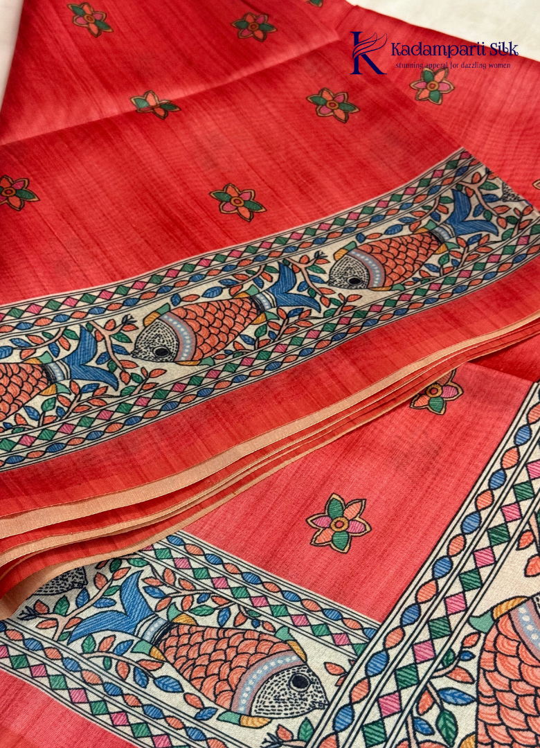 Coral Red Semi Tussar Silk Saree with Kalamkari-Inspired Fish & Floral Printed Pallu