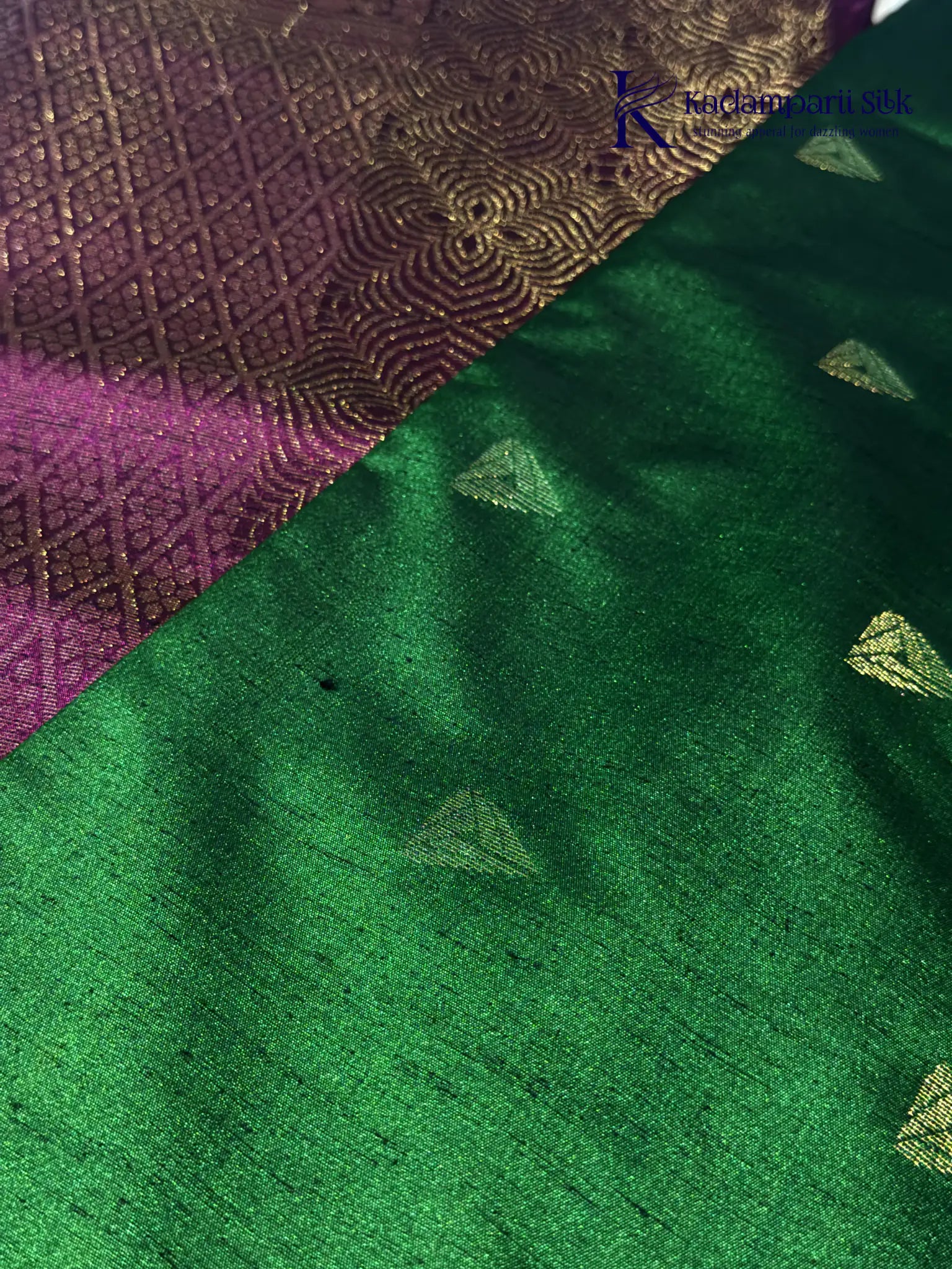 Kadamparii Silk emerald green jute mixed semi soft silk saree with magenta zari woven border, tassels, and gold zari motifs displayed on white background