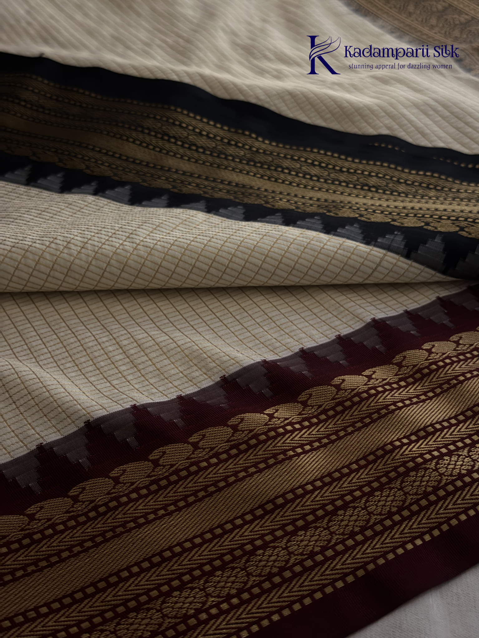 Kadamparii Silk ivory semi soft silk saree with black zari woven border and pallu, intricate traditional patterns, subtle checked texture, and tassel detailing.