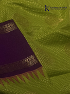 Lime green art silk saree with purple zari border and traditional woven detailing displayed on white background Kadamparii Silk