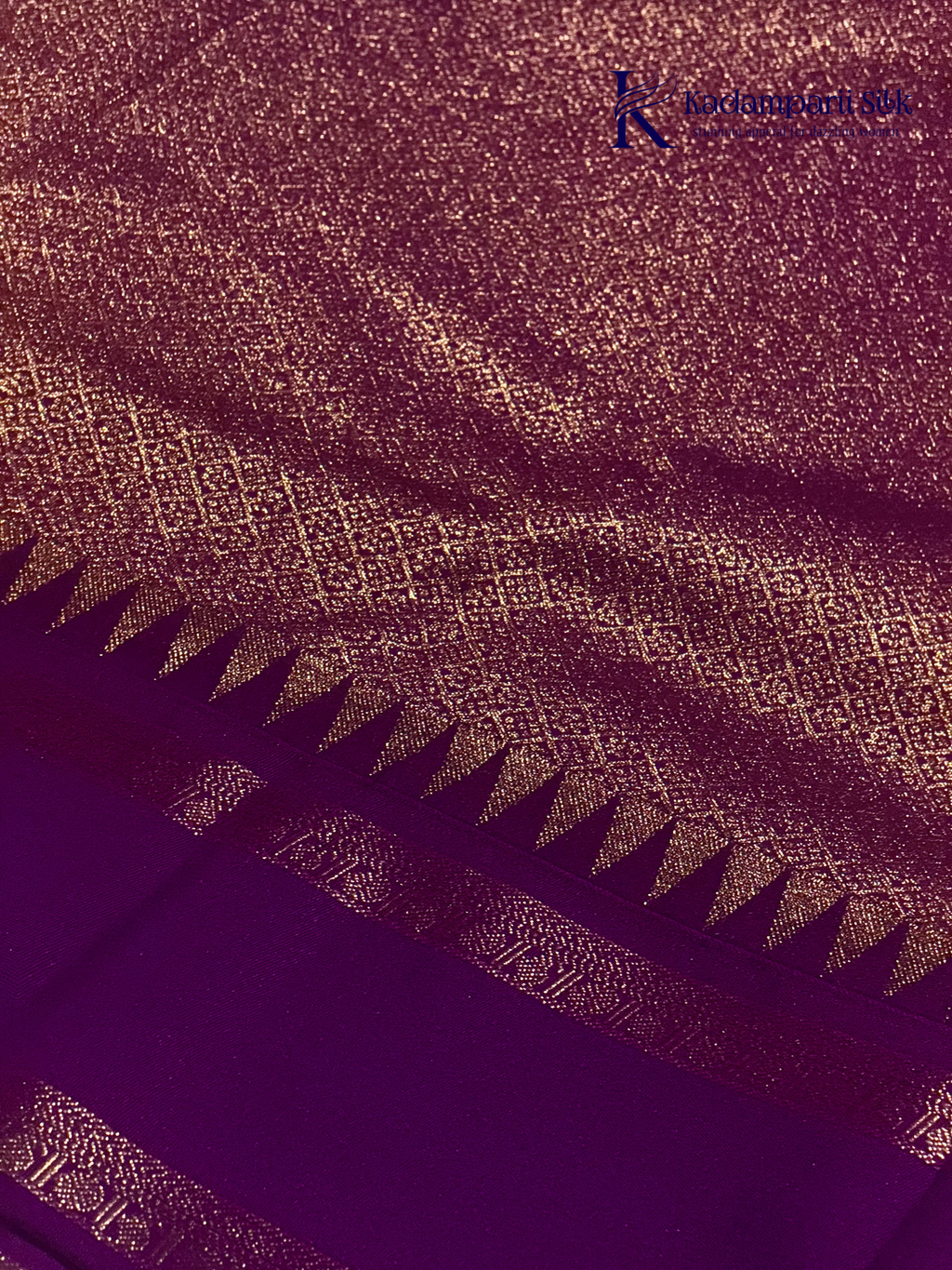 Lime green art silk saree with purple zari border and traditional woven detailing displayed on white background Kadamparii Silk