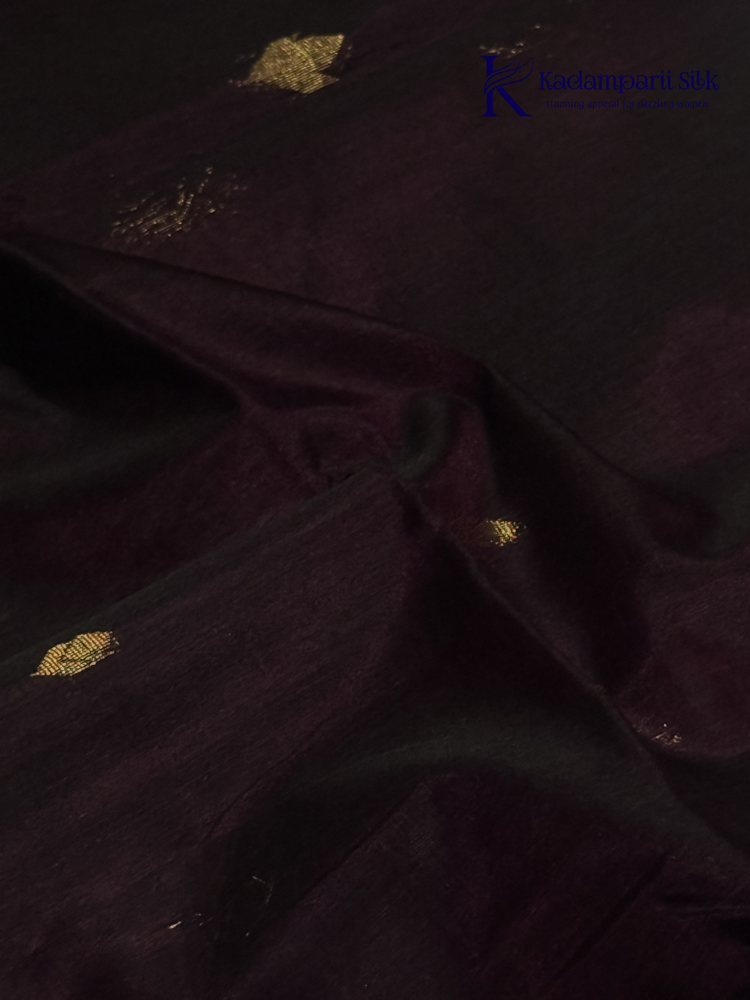Wine silk cotton saree with black zari woven pallu and gold zari detailing displayed on white background