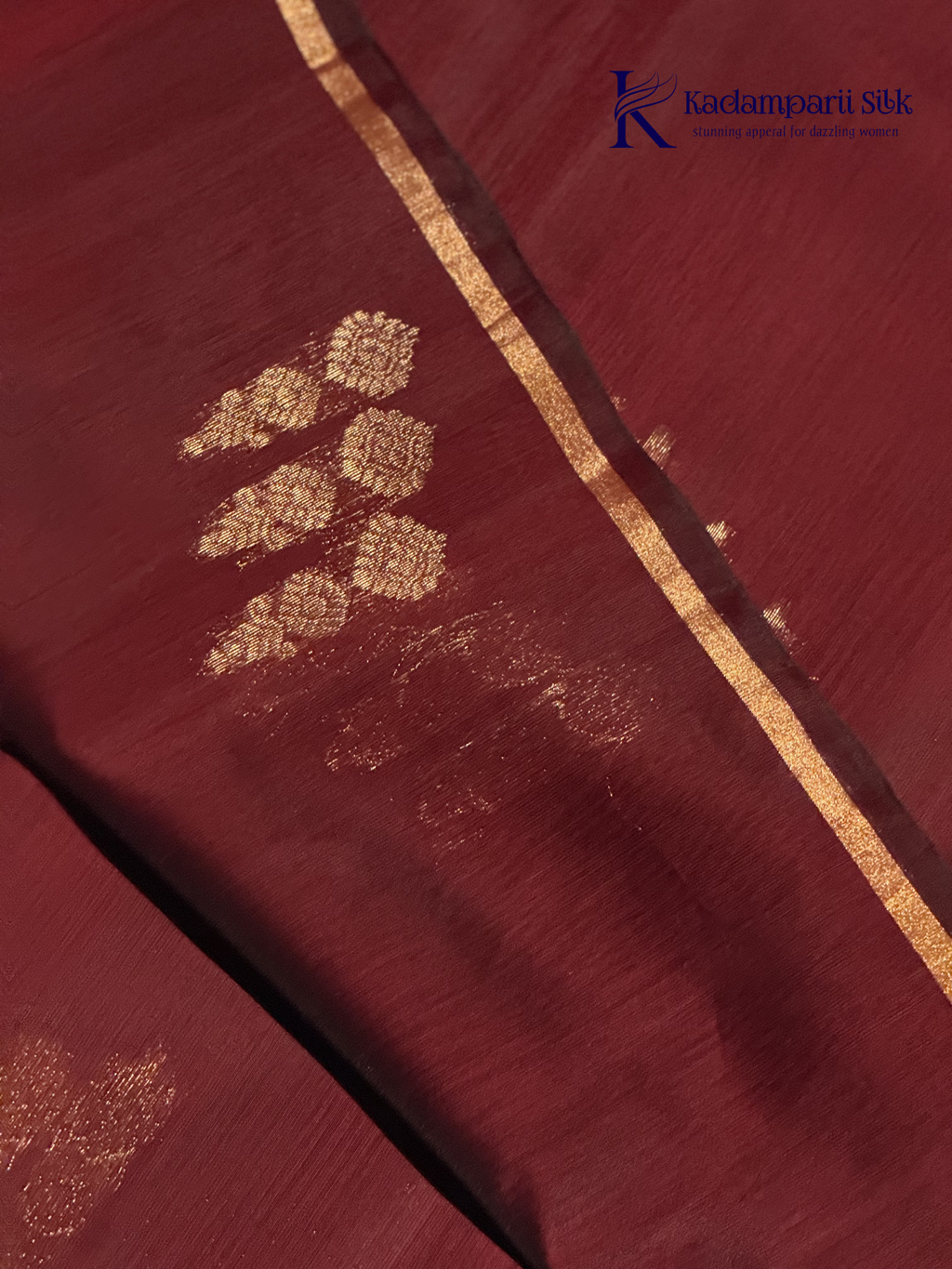 Maroon saree with gold embroidery Kadamparii Silk