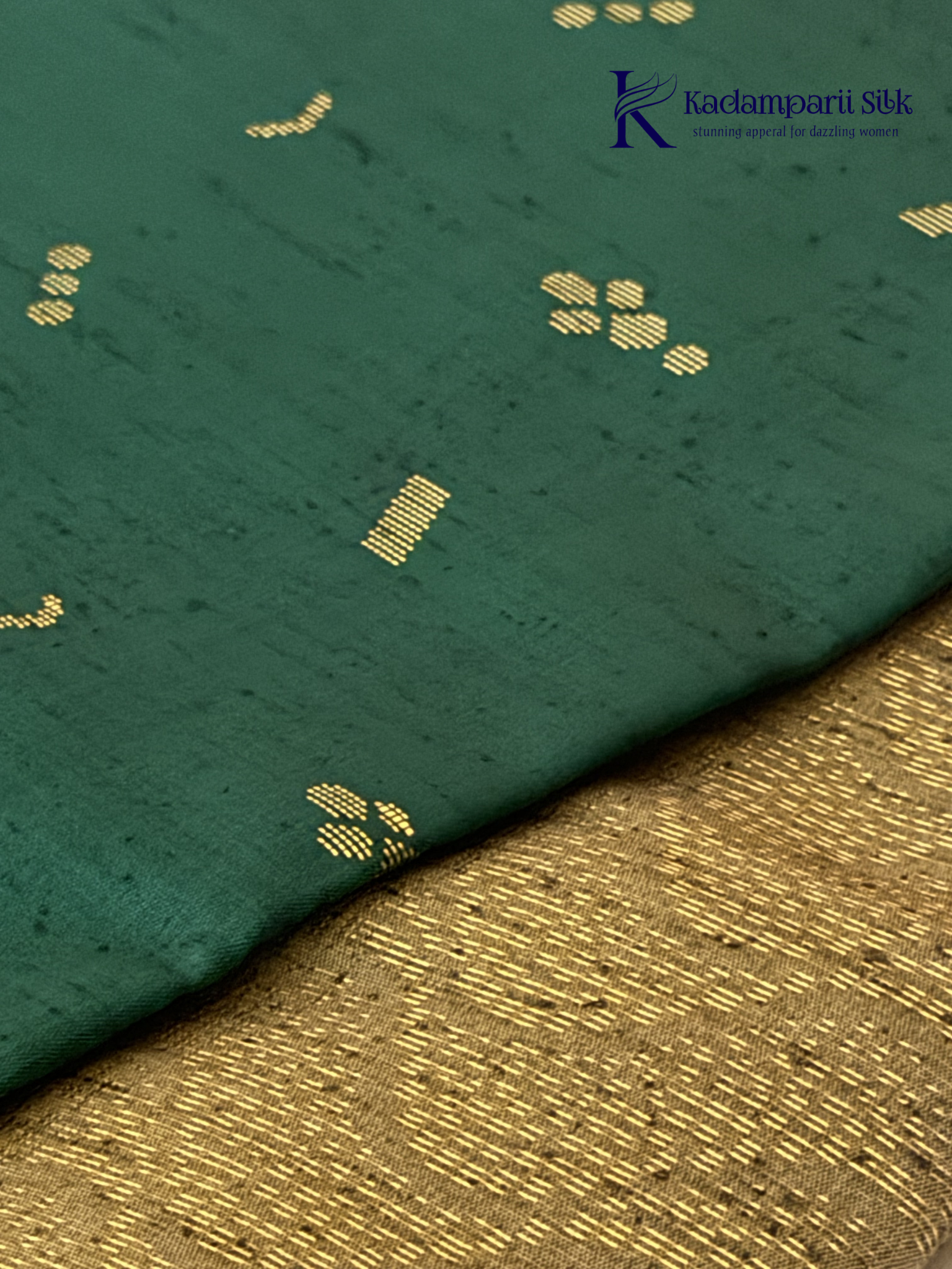 Kadamparii Silk teal green jute mixed semi soft silk saree with golden zari border, woven pallu, subtle motifs, and tassel detailing.