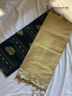 Kadamparii Silk royal navy blue semi soft silk saree with gold zari motifs, paisley design, grand zari woven pallu, and tassel detailing.