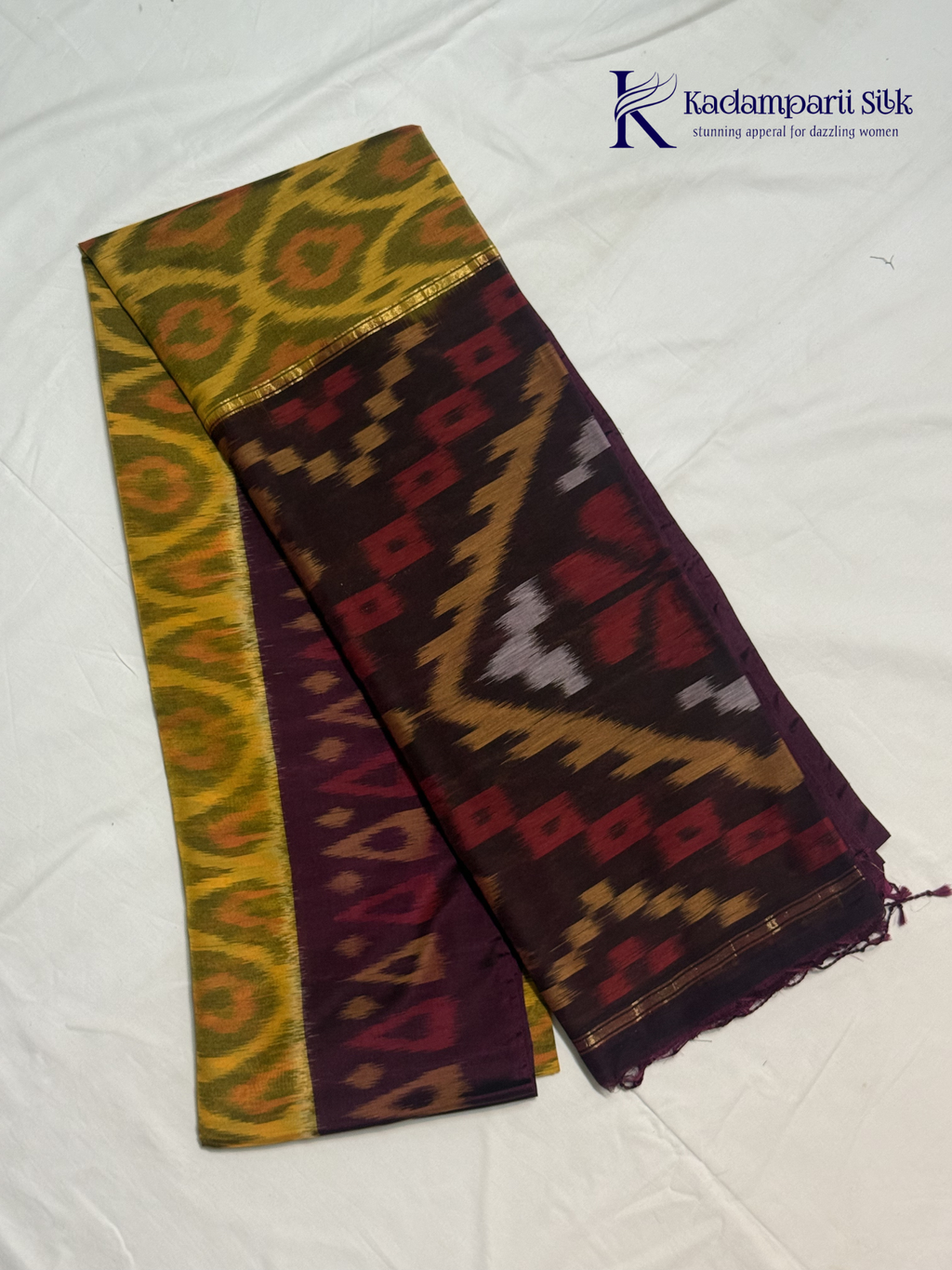Mustard Yellow Handloom Silk Cotton Pochampally Saree with Purple Pallu