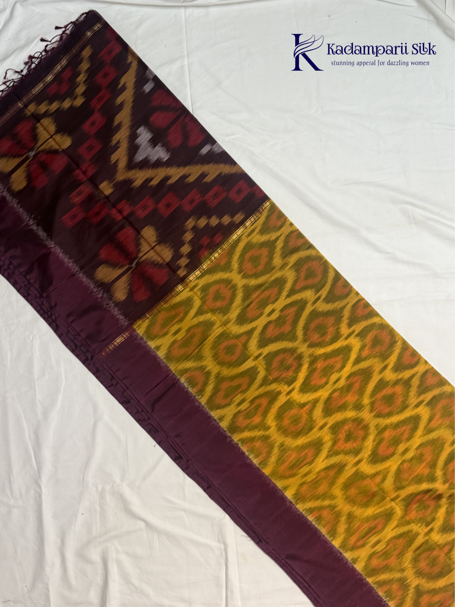 Mustard Yellow Handloom Silk Cotton Pochampally Saree with Purple Pallu