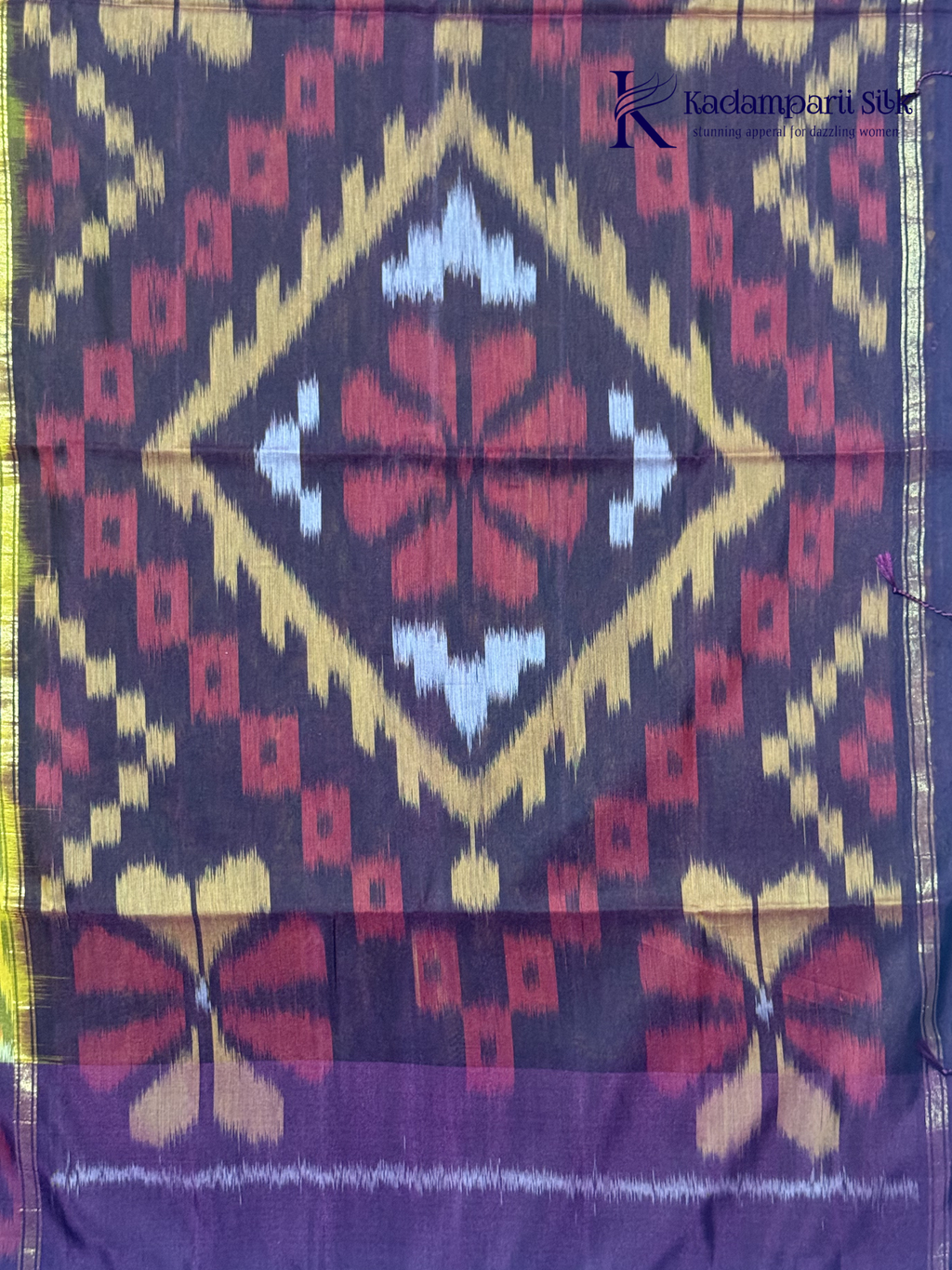 Mustard Yellow Handloom Silk Cotton Pochampally Saree with Purple Pallu