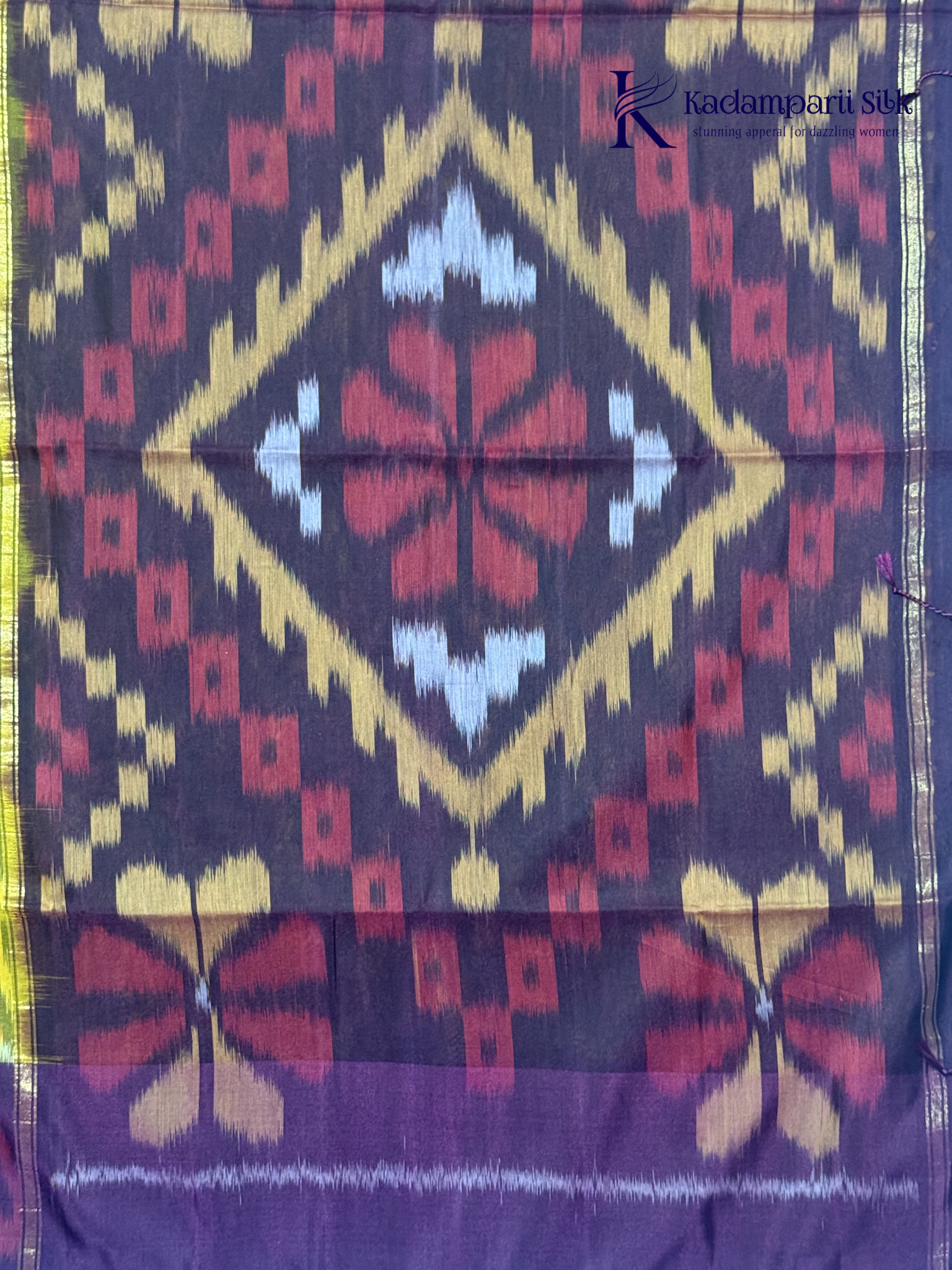 Mustard Yellow Handloom Silk Cotton Pochampally Saree with Purple Pallu
