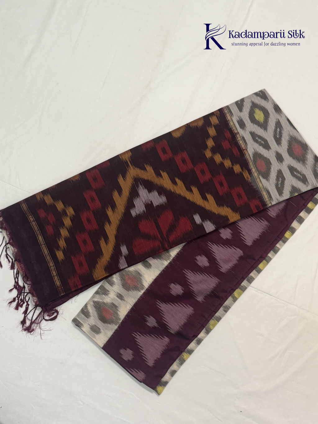 Off White Handloom Silk Cotton Pochampally Saree with Purple Pallu