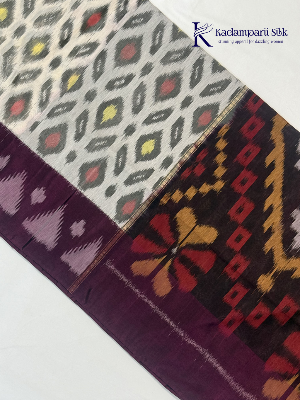 Off White Handloom Silk Cotton Pochampally Saree with Purple Pallu