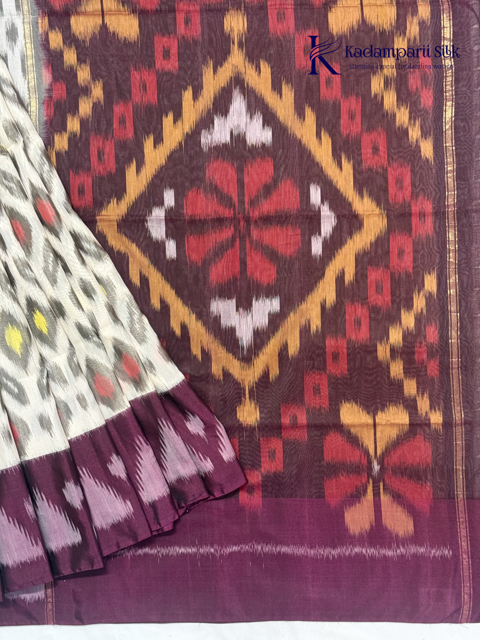 Off White Handloom Silk Cotton Pochampally Saree with Purple Pallu