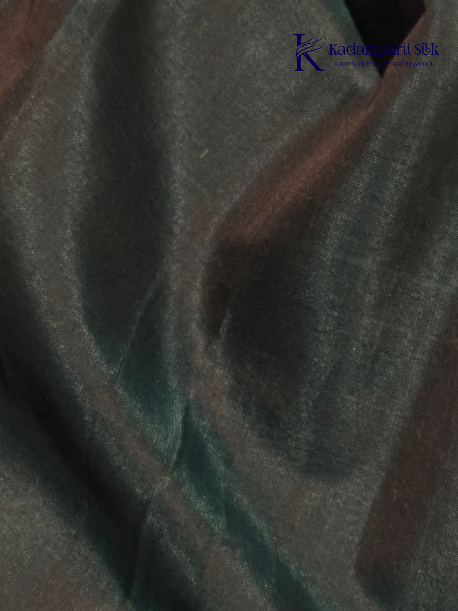 Black saree with gold and blue patterns on a white background, branded 'Kadamparii Silk'. Silk Cotton