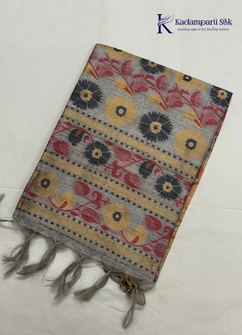 Heritage Canvas Sand Gold & Slate Grey Kalamkari Print Tussar Silk Saree