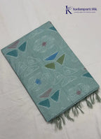 Woodland Whisper Seafoam Sage Green Painted Floral Linen-Silk Saree