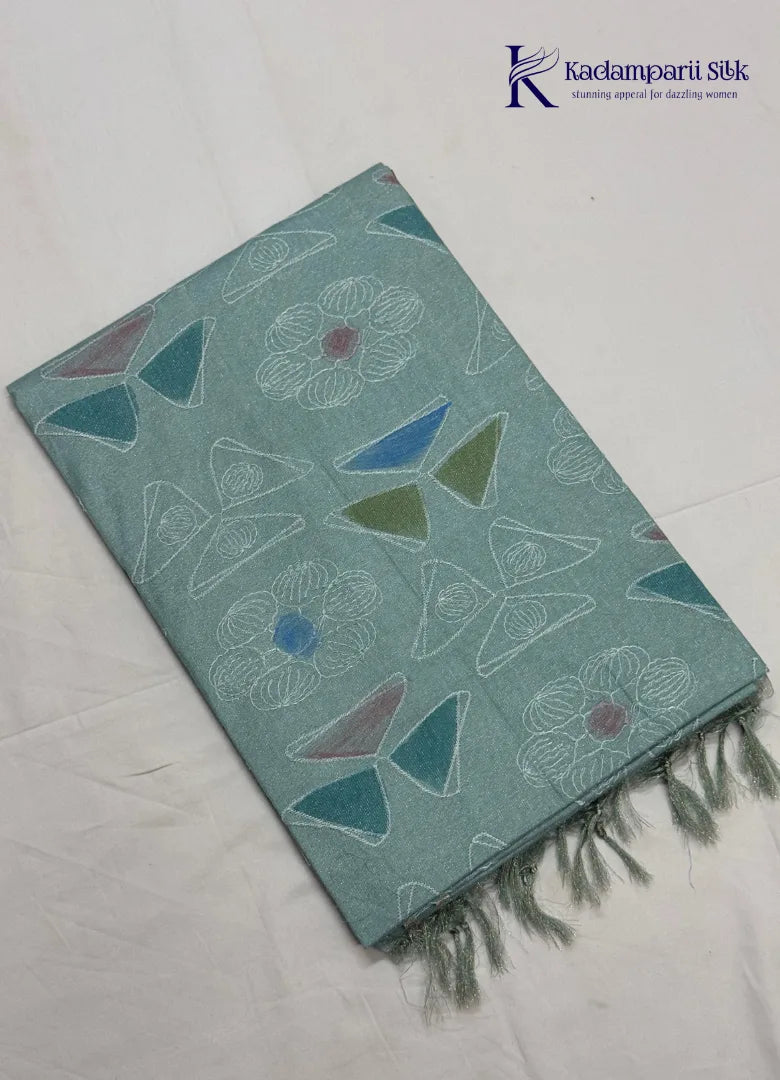 Woodland Whisper Seafoam Sage Green Painted Floral Linen-Silk Saree